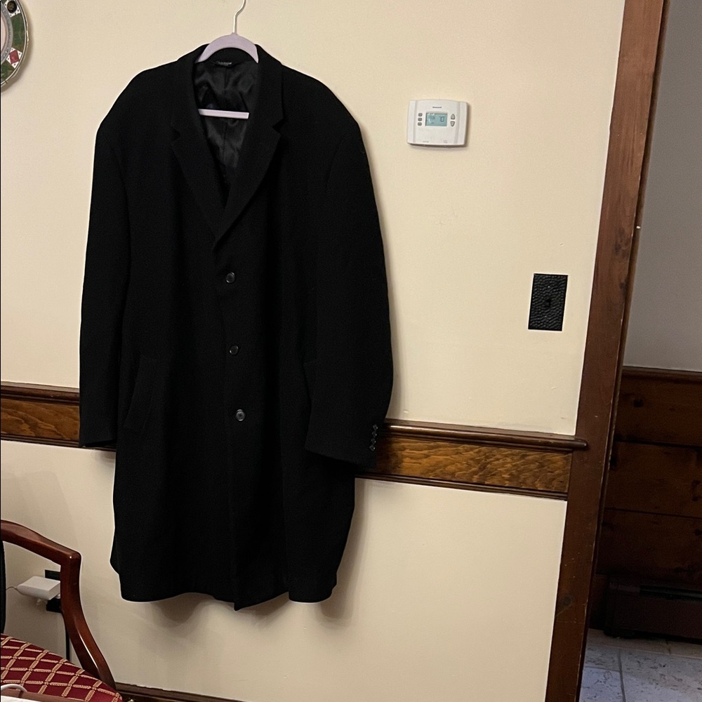 Men's Black Single-Breasted Trench Coat 54 R big and tall , 100% wool